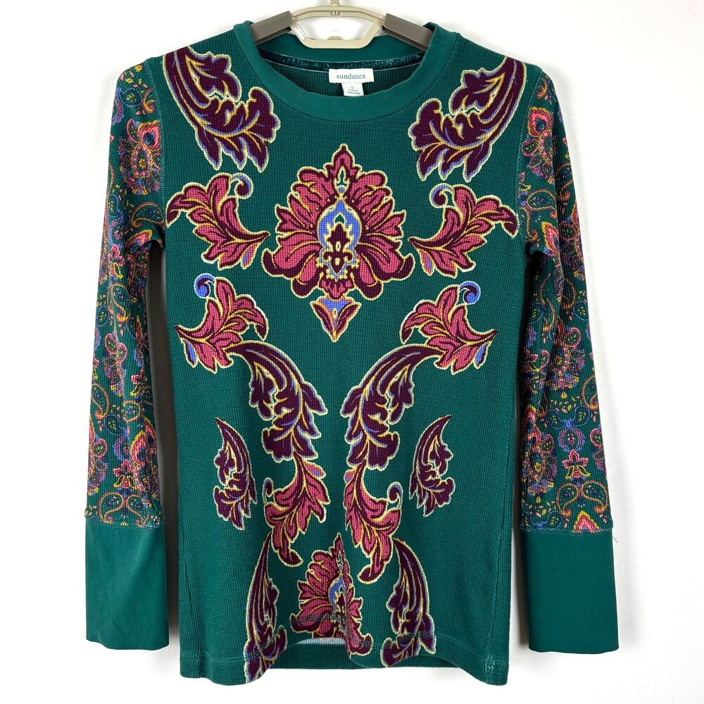 Sundance Thermal Long Sleeve Top Green Floral Paisley Small